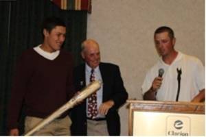 Connor Lau, 2014 recipient of the Coaches Award, being presented a PY&SF Faller autographed bat by President Jerry Ward after an introduction by YVCC baseball coach Marcus McKimmey. Connor is a 2012 graduate of Redmond High School, Redmond, OR.